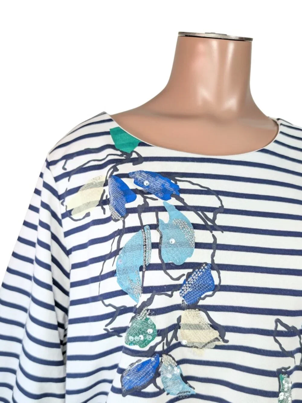 Chico's 2 Large Navy White Stripe Floral Embroidered Lined 3/4 Sleeve Top